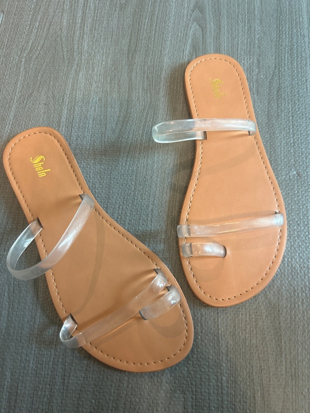 SHEIN Tan Slide Sandals with Clear PVC Straps